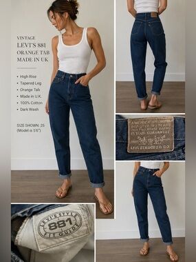 Vintage Levi’s 881 Orange Tab Jeans Made in UK High Rise Tapered Dark Wash